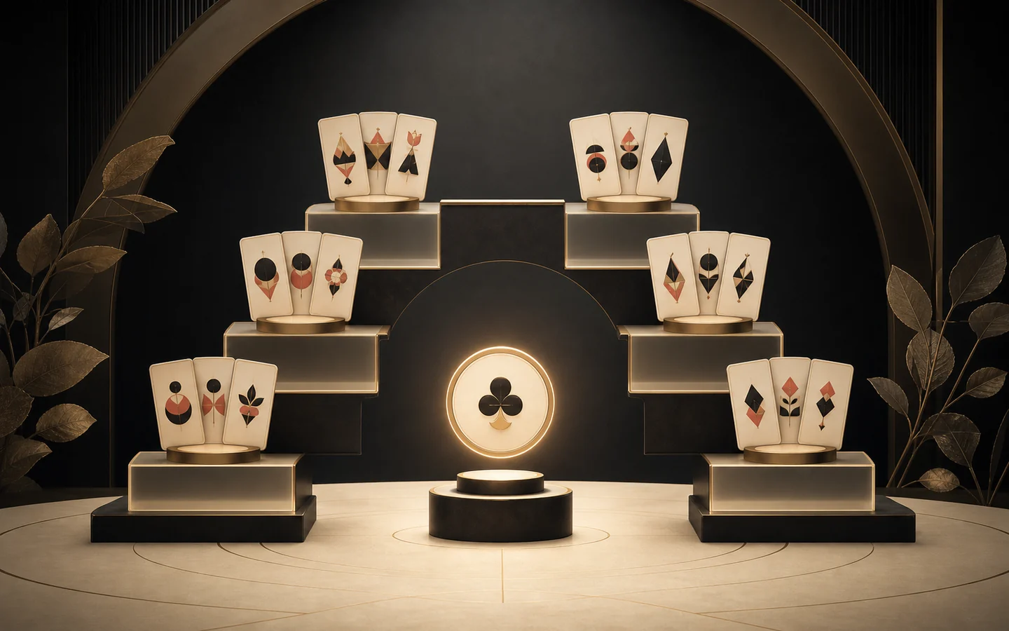 Six groups of abstract playing cards arranged as a hand-ranking staircase