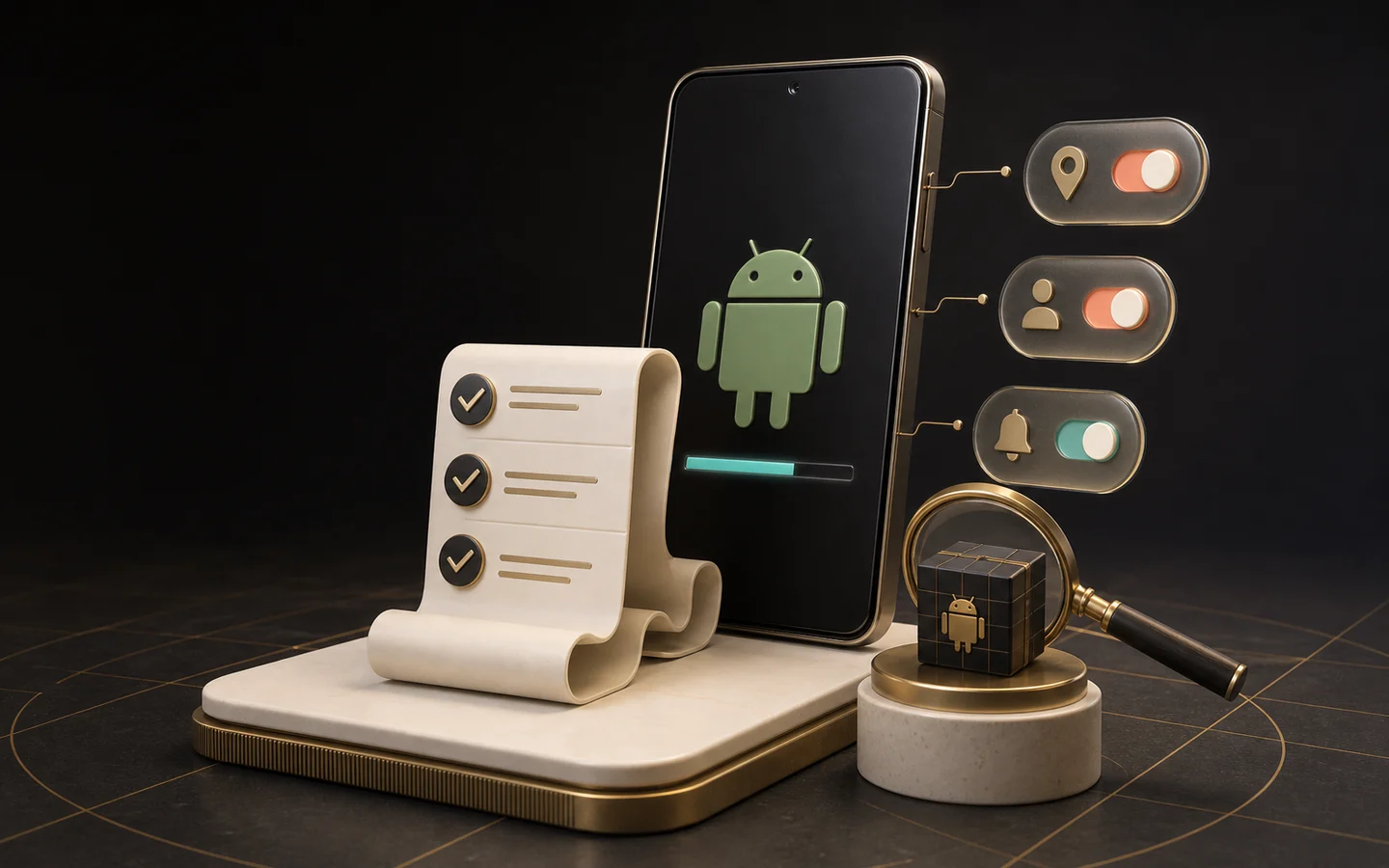 A sculptural Android phone beside a checklist, permission controls and an inspection lens