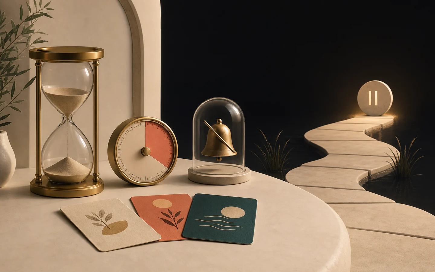 A calm still life with an hourglass, focus timer, muted notification bell and three resting cards