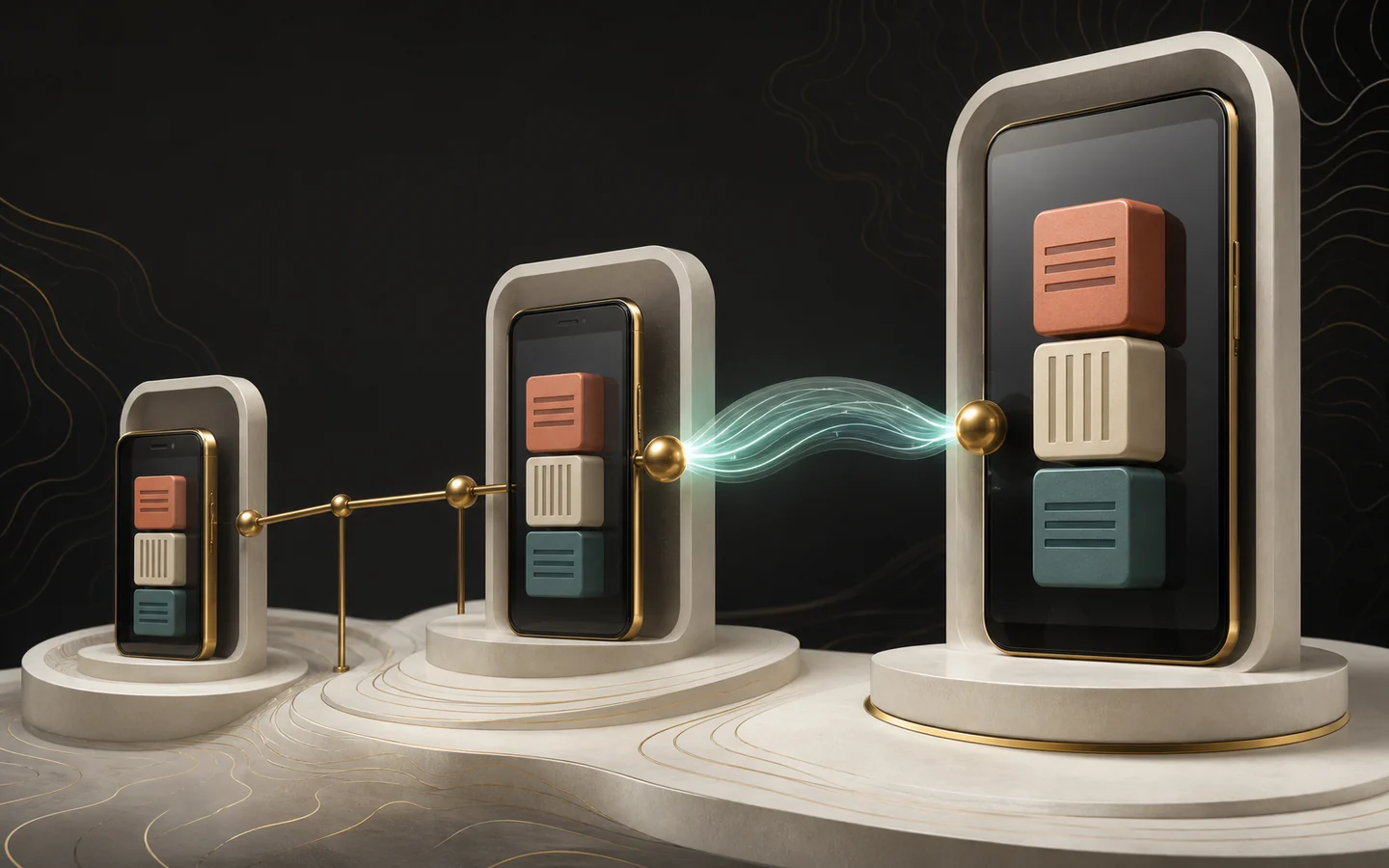 Three generations of sculptural phones connected by a glowing compatibility bridge